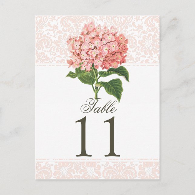 Vintage Pink Hydrangea Wedding Table Number (Front)