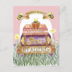 Vintage Pink I'd Rather Bee Reading Book Lover Postcard