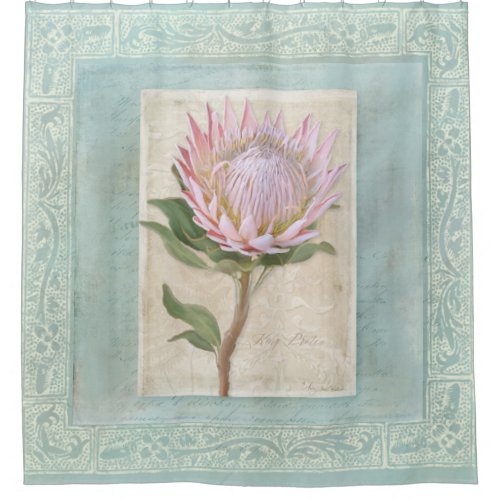 Vintage Pink King Protea Flower Blue Elegant Chic Shower Curtain