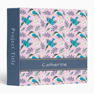 Vintage Pink Kingfisher Birds Floral Pattern Name 3 Ring Binder