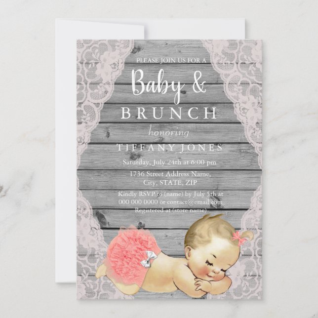 Vintage Pink Lace Rustic Gray Baby & Brunch Invite (Front)