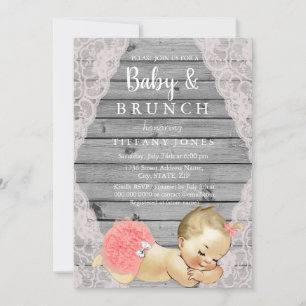 Vintage Pink Lace Rustic Gray Baby & Brunch Invite