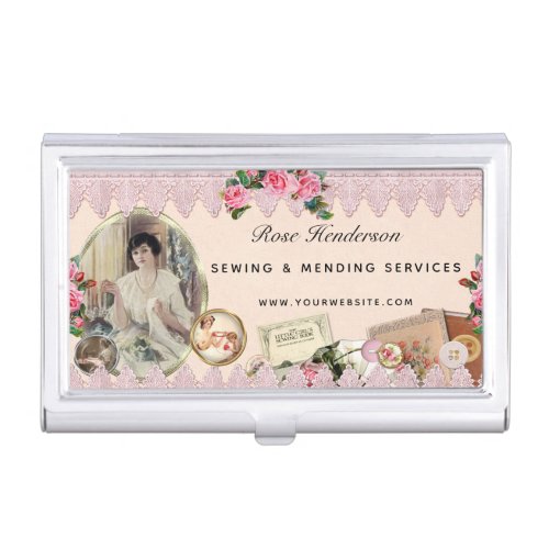 Vintage Pink Lace Sewing Business Card Case