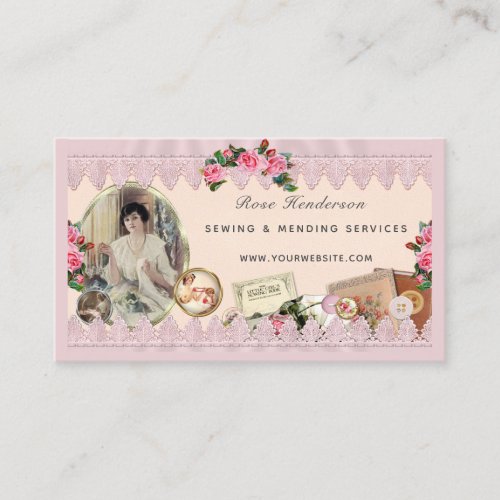 Vintage Pink Lace Sewing Theme Business Card