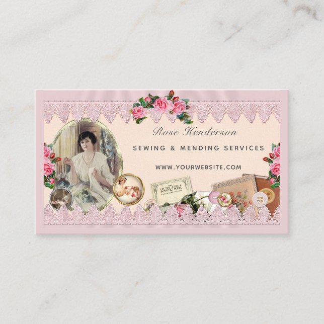 Vintage Pink Lace Sewing Theme Business Card (Front)