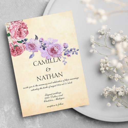 Vintage pink lilac ivory watercolor floral wedding invitation