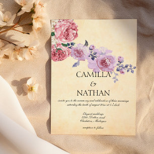 Vintage pink lilac ivory watercolor floral wedding invitation