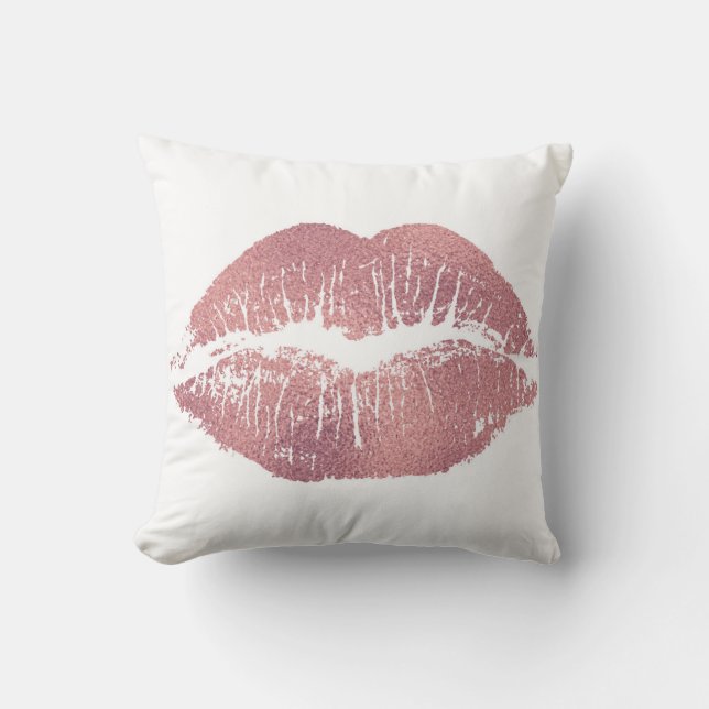 Vintage pink lip imprint, rose gold. throw pillow (Front)