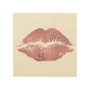Vintage pink lip imprint, rose gold. wood wall art