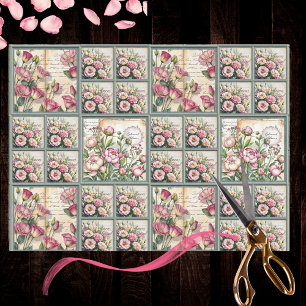 Vintage Pink Lisanthus Flowers w Sage Green Frames Tissue Paper