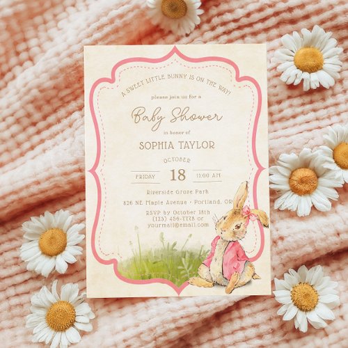 Vintage Pink Little Bunny Girl Baby Shower Invitation