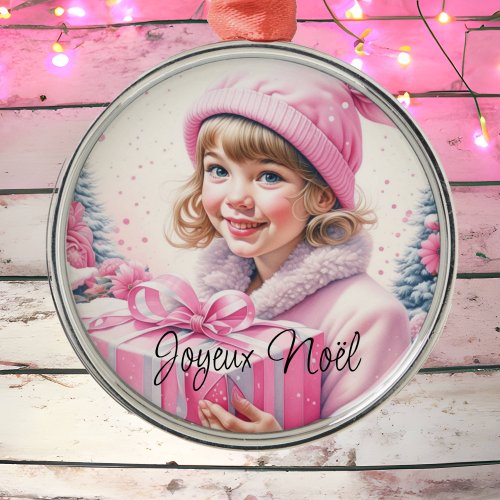 Vintage Pink Little Girl Christmas Joyeux Nol Metal Ornament