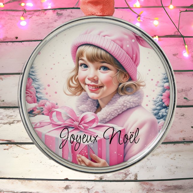 Vintage Pink Little Girl Christmas Joyeux Noël Metal Ornament (Creator Uploaded)