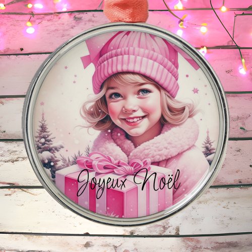 Vintage Pink Little Girl Christmas Joyeux Nol Metal Ornament