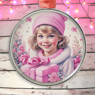 Vintage Pink Little Girl Christmas Metal Ornament