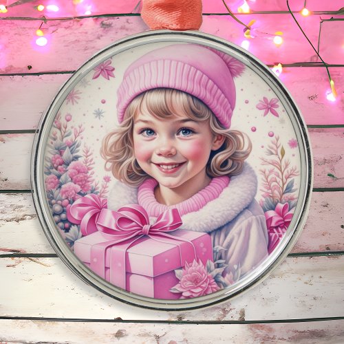 Vintage Pink Little Girl Christmas   Metal Ornament