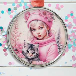 Vintage Pink Little Girl Christmas Metal Ornament