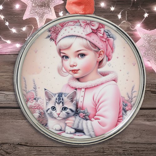 Vintage Pink Little Girl Christmas Metal Ornament