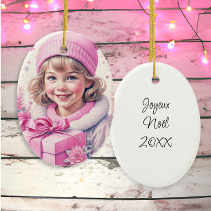 Vintage Pink Little Girl Christmas Personalized Ceramic Ornament