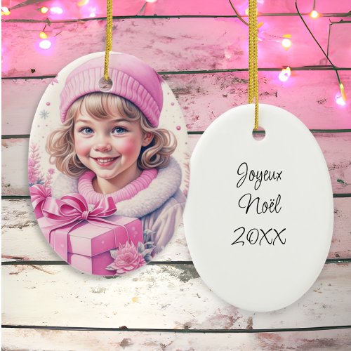 Vintage Pink Little Girl Christmas Personalized Ceramic Ornament