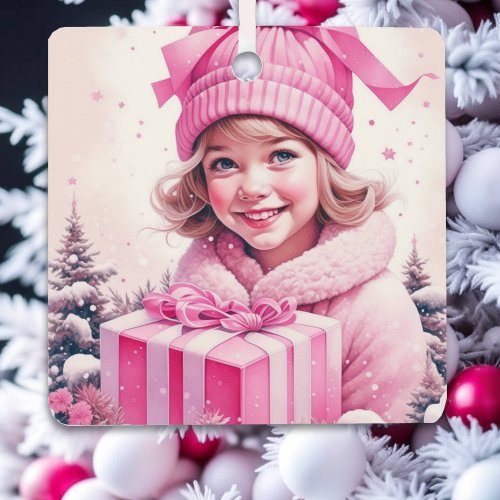 Vintage Pink Little Girl Christmas Personalized Metal Ornament