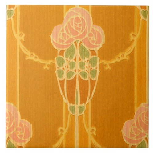 Vintage Pink Mackintosh Style Rose Cluster Pattern Ceramic Tile
