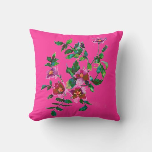 Vintage pink magenta watercolor roses  throw pillow