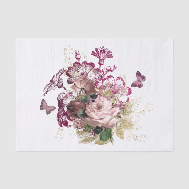 Vintage Pink Maroon Butterfly Floral Tissue Paper (Front)