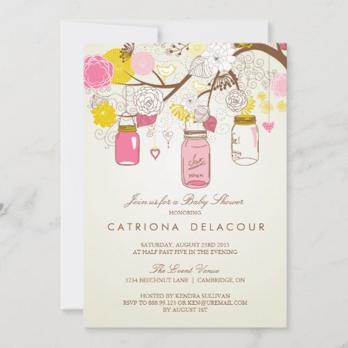 Vintage Pink Mason Jars Baby Shower Invitation