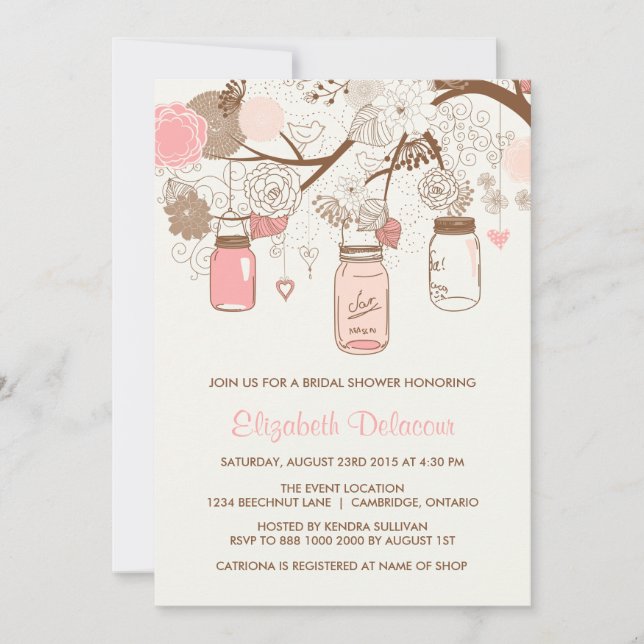 Vintage Pink Mason Jars Bridal Shower Invitation (Front)