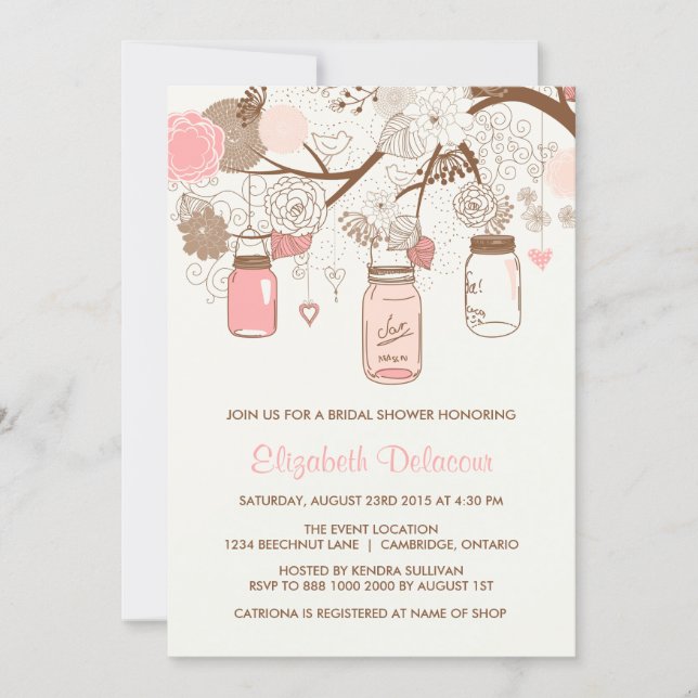 Vintage Pink Mason Jars Bridal Shower Invitation (Front)