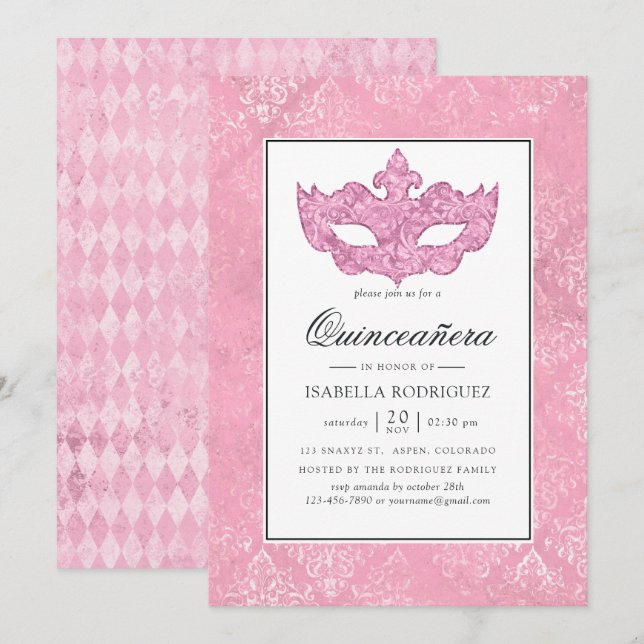 Vintage Pink Masquerade Quinceañera Invitation (Front/Back)