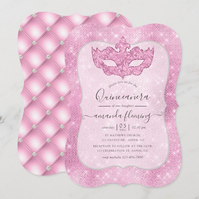 Vintage Pink Masquerade Quinceañera Invitation (Front/Back)