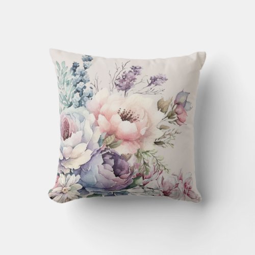 Vintage Pink Mauve Blue Watercolor Floral Throw Pillow