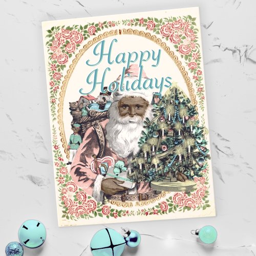 Vintage Pink  Mint Black Santa Claus Christmas Holiday Postcard