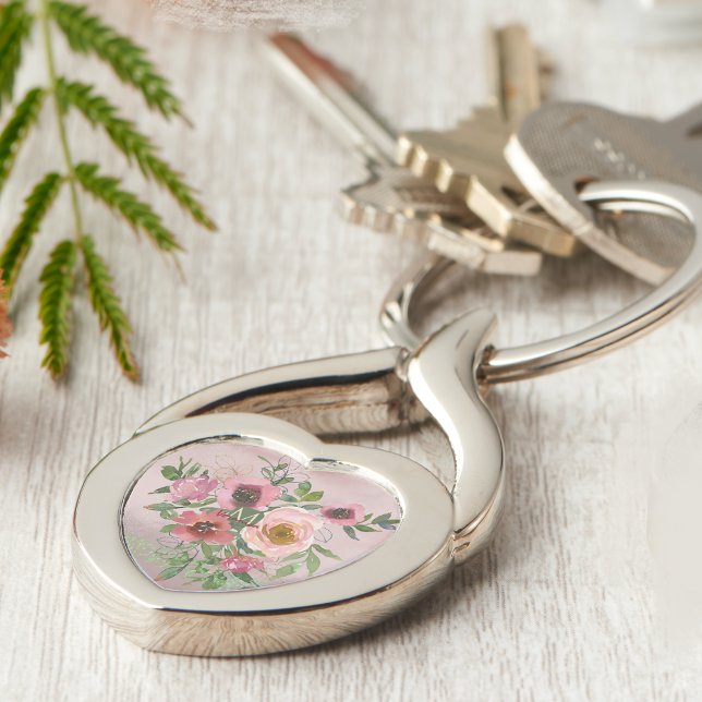 Vintage Pink Monogram Floral Keychain (Pink floral heart shape key chain)