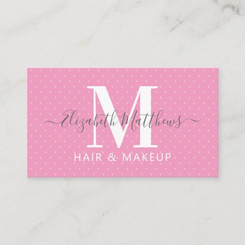 Vintage Pink Monogram Hair & Makeup Business Card - Personalize this business card with your own initials, name and contact details. This trendy polka dot pink business card can be used for a variety of jobs. The background can be changed to any color and the template text easily customized. PLEASE NOTE: If you would like to keep the swirls at the end of the name, then please do not remove the symbols either side.
