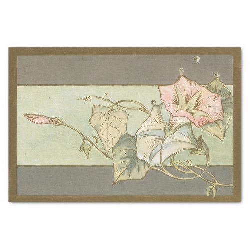 Vintage Pink Morning Glory Gold Border Decoupage Tissue Paper