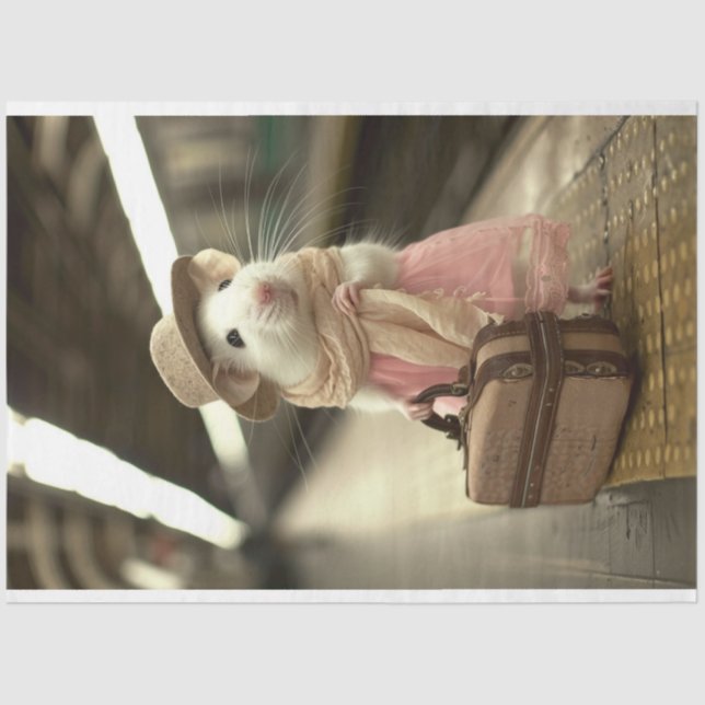 Vintage Pink Mouse Traveling Decoupage Tissue Paper (Front)