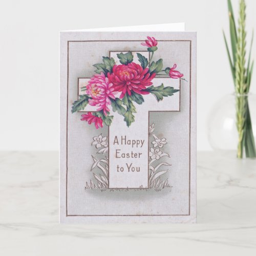 Vintage Pink Mums Floral Cross Antique Easter Holiday Card
