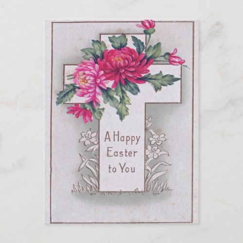 Vintage Pink Mums Floral Cross Antique Easter  Holiday Postcard