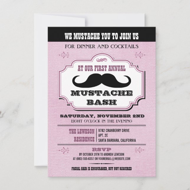 Vintage Pink Mustache Bash Invitation (Front)