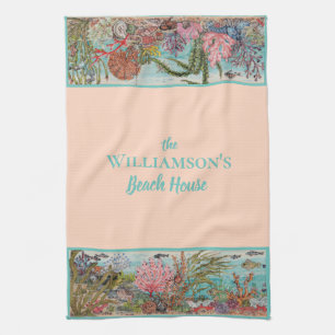 Vintage Pink Ocean Sea Life Custom Beach House  Kitchen Towel