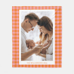 Vintage Pink Orange Plaid Cute Fun Vertical Photo  Fleece Blanket