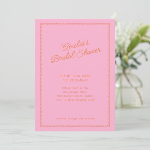 Vintage Pink Orange Scalloped Doodle Bridal Shower Invitation