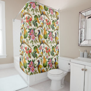 Vintage pink orange yellow birds roses flowers shower curtain