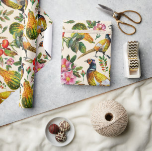 Vintage pink orange yellow birds roses flowers wrapping paper