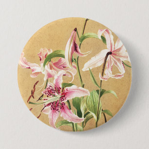 Vintage Pink Oriental Lily Botanical Flower Art Button