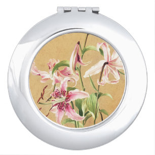 Vintage Pink Oriental Lily Botanical Flower Art Compact Mirror