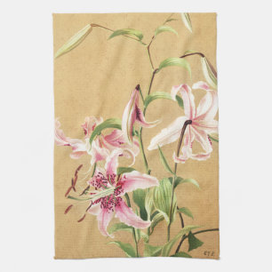 Vintage Pink Oriental Lily Botanical Flower Art Kitchen Towel
